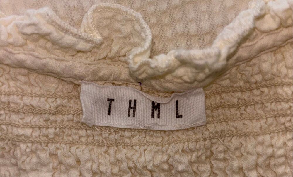 THML Anthro Butter Yellow Seersucker Smocked Tassel Flutter Sleeve Top M - Picture 5 of 6